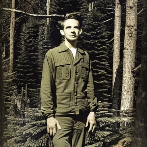 Image similar to Picture of Long-haired male wearing military jacket surrounded by forest, trees and stars