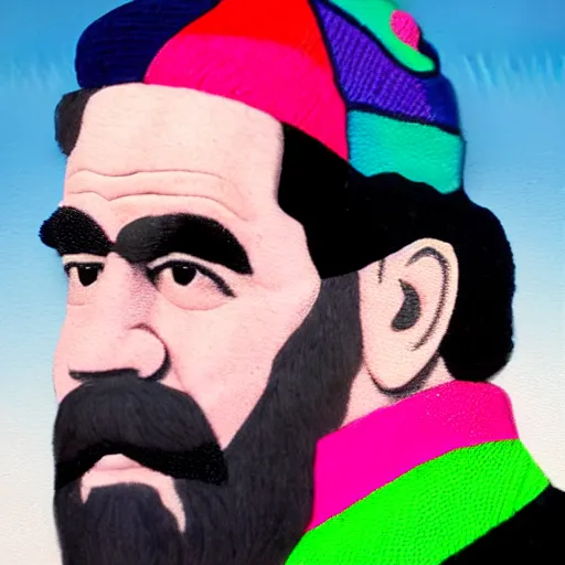 Prompt: rainbow colored portrait of saddam hussein with a pink puffy jacket hat, 8 k, intricate, detailed,