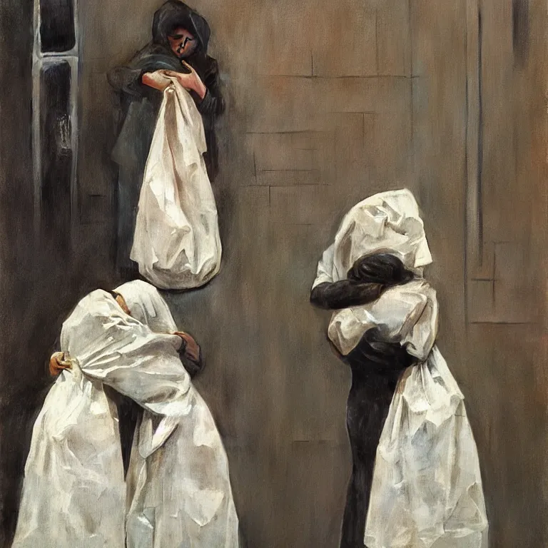 Image similar to two women hugging with a paper bag over the head dressed in plastic bags on flooded streets, highly detailed, artstation, art by, , edward hopper, Zdzislaw Beksinski, highly detailed