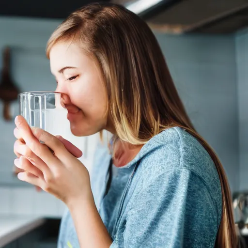 Prompt: macro of a teenage girl holds a glass of fresh water in a modern kitchen, close - up, depth field, advertising photography