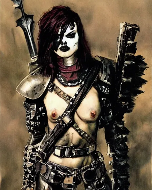 Image similar to portrait of a skinny punk goth soldier wearing armor by simon bisley, john blance, frank frazetta, fantasy, barbarian