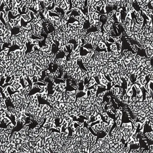 Prompt: lots and lots of black and white tessellating African wild dogs by Escher