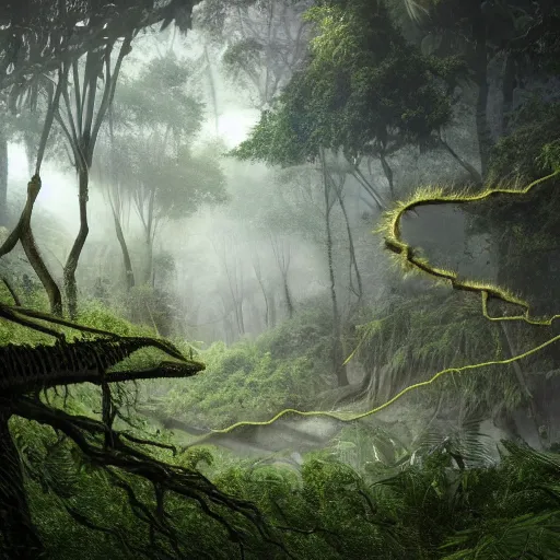 Prompt: A realistic detailed photo of a futuristic jungle, alien plants, grey sky, hidden animals, some fallen trees, foggy landscape, light particles, detailed light, realistic shaders, trending on artisation, detailed textures, detailed, realistic