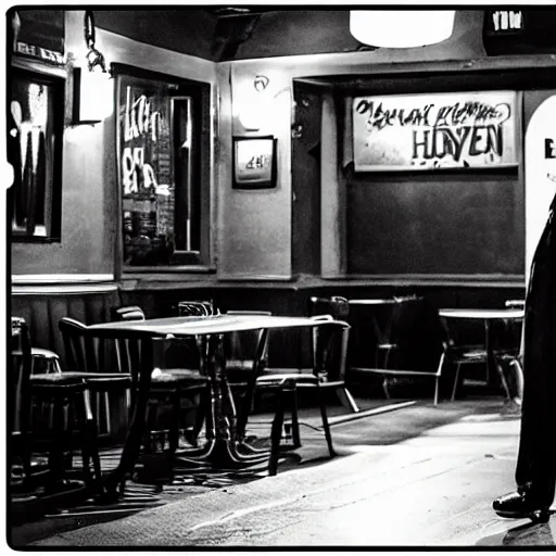 Image similar to noir movie scene, sirenhead at a pub waiting for a friend