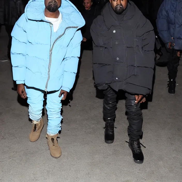 Prompt: kanye west using a full face covering black mask, a undersized light blue round puffer jacket made of nylon and big black rubber boots,