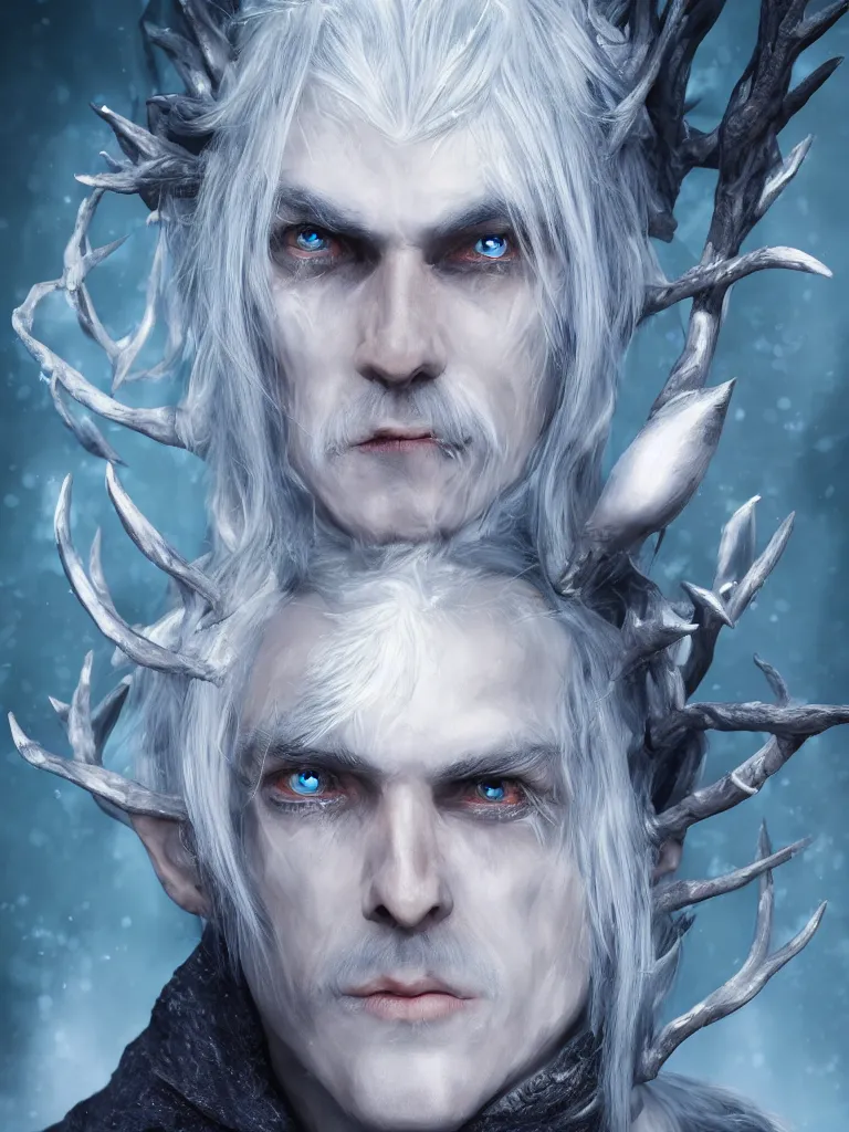Prompt: the frightening archfey called'the prince of frost ', full - body portrait, fantasy, white hair, blue skin, wild eyebrows, young adult, elf, crown, hard edges, soft lighting, professional lighting, trending on artstation