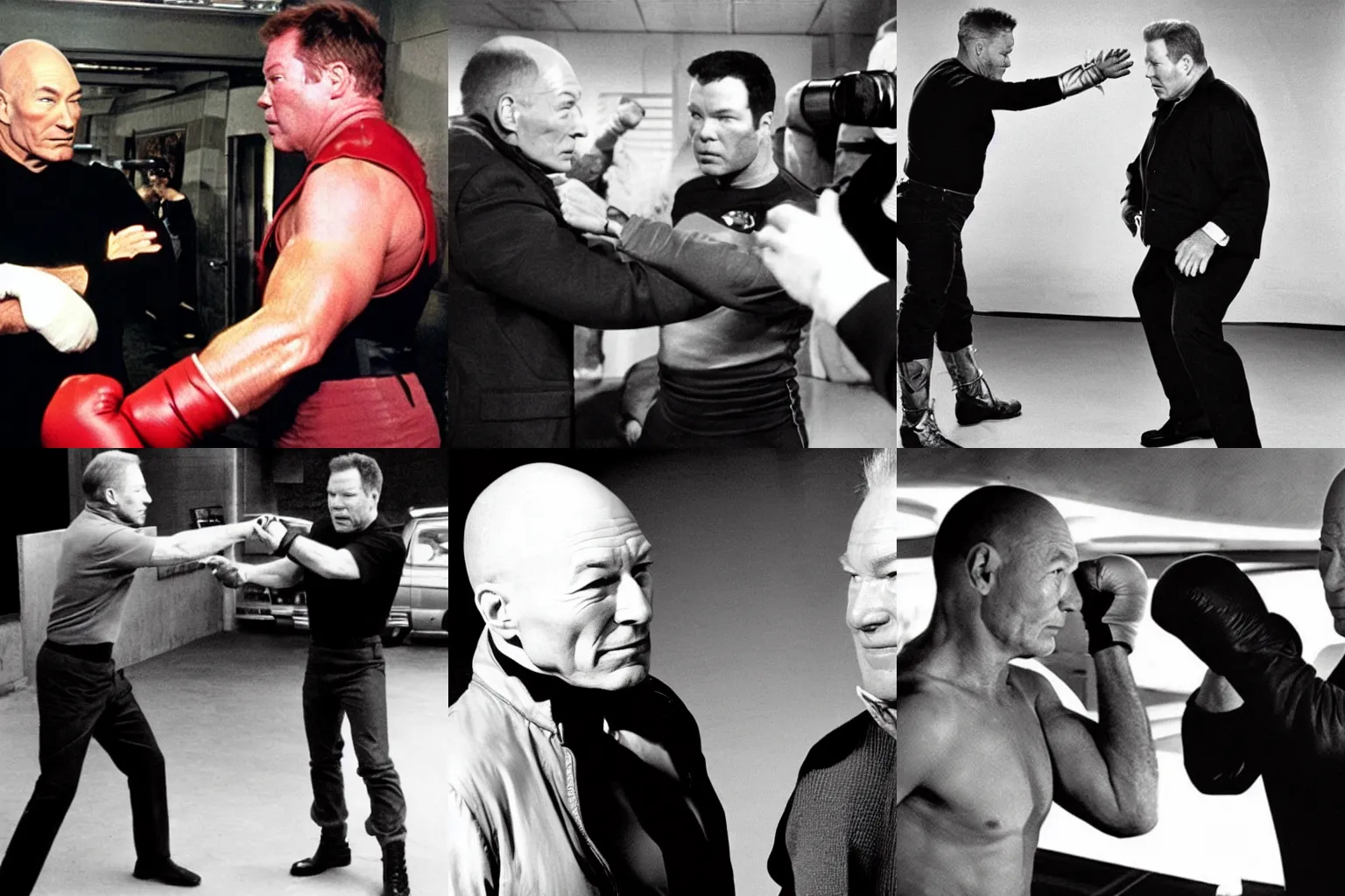 Prompt: a paparazzi photo of Patrick Stewart punching William Shatner on set, realistic, wide angle, dramatic