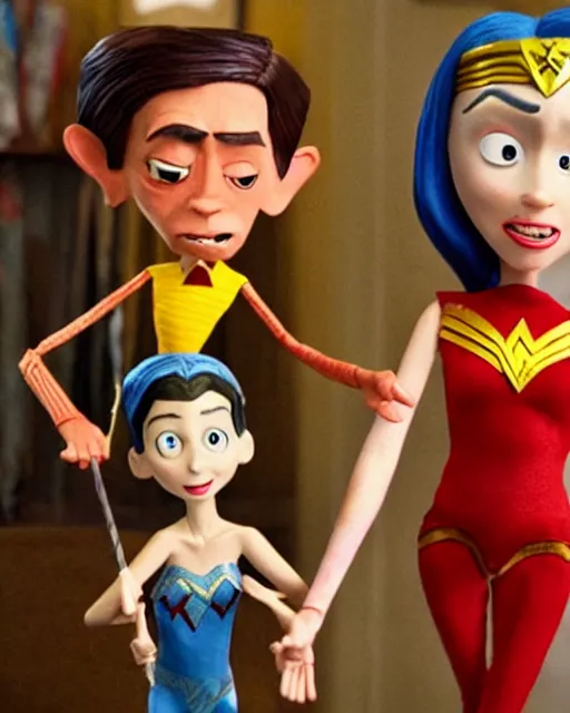 Image similar to steve buscemi dressed as wonder woman as a highly detailed stop motion puppet, in the style of laika studios ’ s paranorman, coraline, kubo and the two strings shot in the style