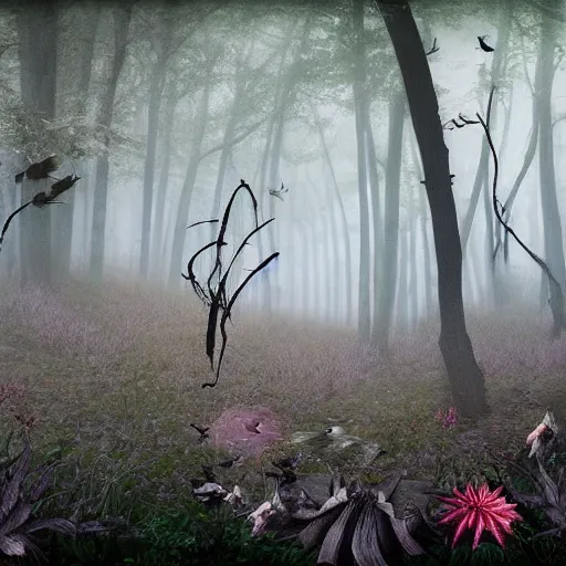 Prompt: mysterious and scary forest, mist, birds, fractal, insects, butterflys, plantas, flowers , 1930 photo