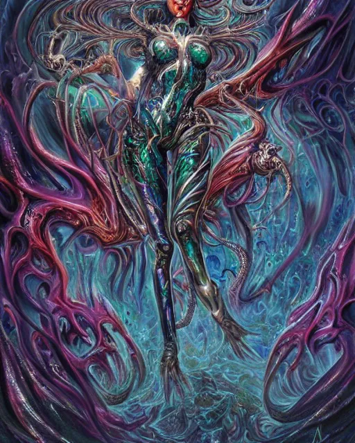 Prompt: silver mechanical charred bloody fleshmetal cyborg daemonhost woman psychedelic flamer of tzeentch, blue and green rainbow fire, by antonio j. manzanedo, alex grey, android jones, wayne barlowe, philippe druillet, raymond swanland, cyril rolando, josephine wall, harumi hironaka, cronenburg, trending on artstation