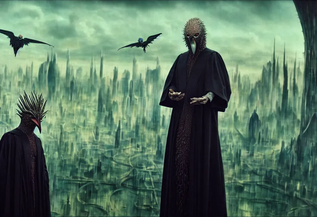 Image similar to realistic detailed portrait movie still of a birdman wearing dark robes, sci fi city landscape background by denis villeneuve, amano, yves tanguy, alphonse mucha, ernst haeckel, max ernst, ridley scott, roger dean, masterpiece, rich moody colours, cinematic, snarling dog teeth