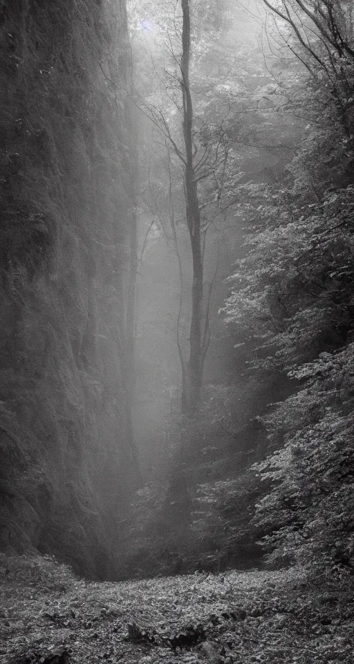 Image similar to A photograph of the ravine in which ancient voices dwell. magical. ancient. mist. ghostly. magic particles. cinematic. Voices. Echoes. 18mm lens