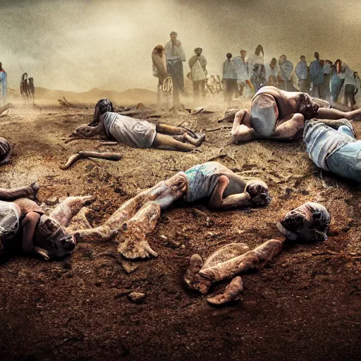 Prompt: bodies on the ground, slowly absorbed by the dirt, digital art, award winning, horror, uhd, 8 k,