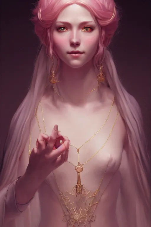 Image similar to a portrait of an Eladrin conjuring magic, light pink skin, illustration, soft lighting, soft details, painting oil on canvas by Edmund Blair Leighton and Charlie Bowater octane render trending on artstation d&d characters, 4k, 8k, HD