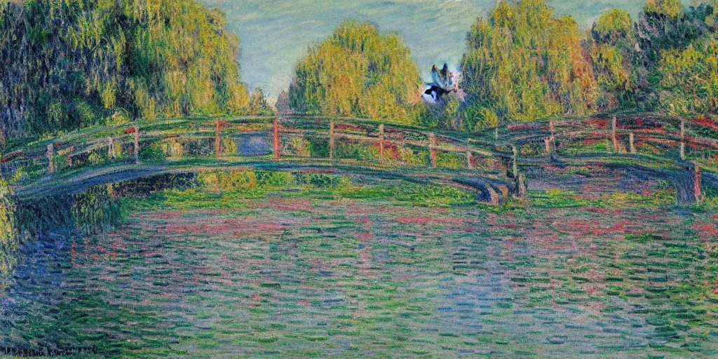 Image similar to A beautiful city next to a small river painted by Monet, amazing landscape