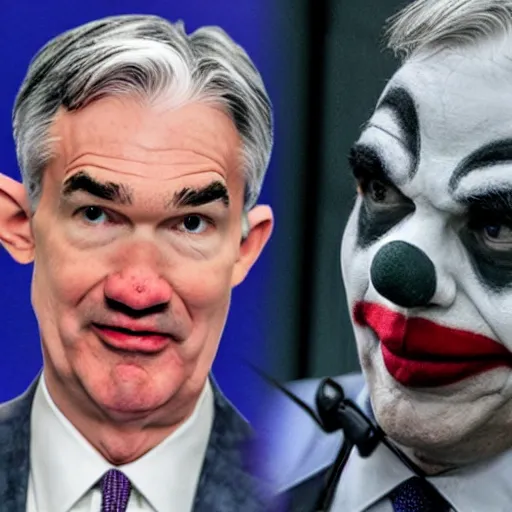 Image similar to photo of Jerome Powell with whiteface clown makeup using a flamethrower