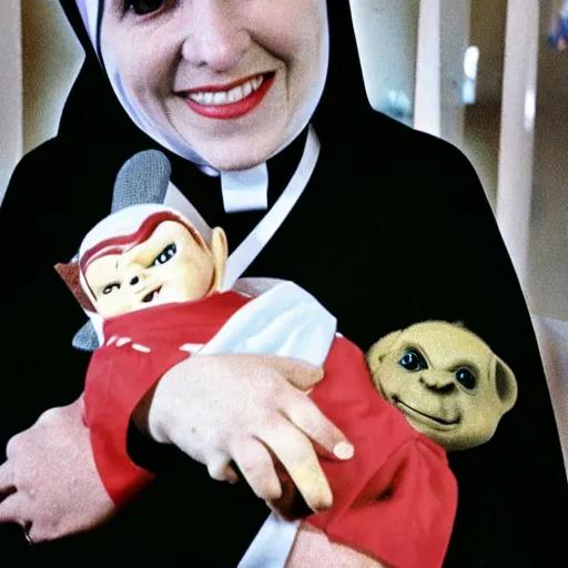 Image similar to a nun in church holding chucky the evil killer doll on her lap