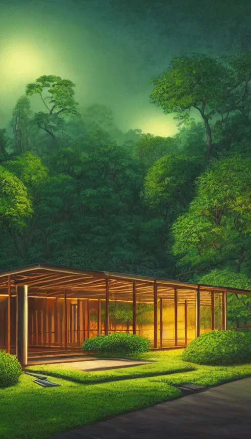 Image similar to a beautiful very detailed painting of nature home exterior by ludwig mies van der rohe, architecture island at dusk at night tron synthwave dramatic lightning rainforest forest landscape uv light meadow flowers thermal vision sunlight studio ghibli neon signs desert, archdaily, wallpaper, highly detailed, trending on artstation.