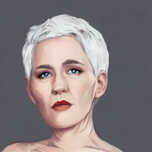 Prompt: portrait of a woman with short white hair, medium shot, illustration, highly detailed, high quality, by robert hynes