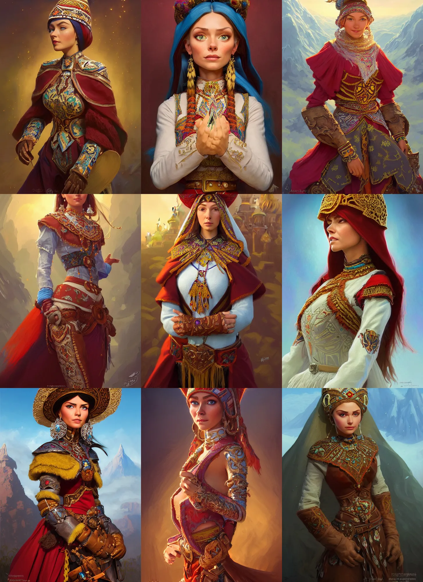 Image similar to portrait of russian mexican tatar woman jodhpurs hyperborea lemuria, pixar doll deep focus, d & d, fantasy, intricate, elegant, highly detailed, digital painting, artstation, concept art, matte, sharp focus, illustration, hearthstone, art by rhads by artgerm and greg rutkowski and alphonse mucha