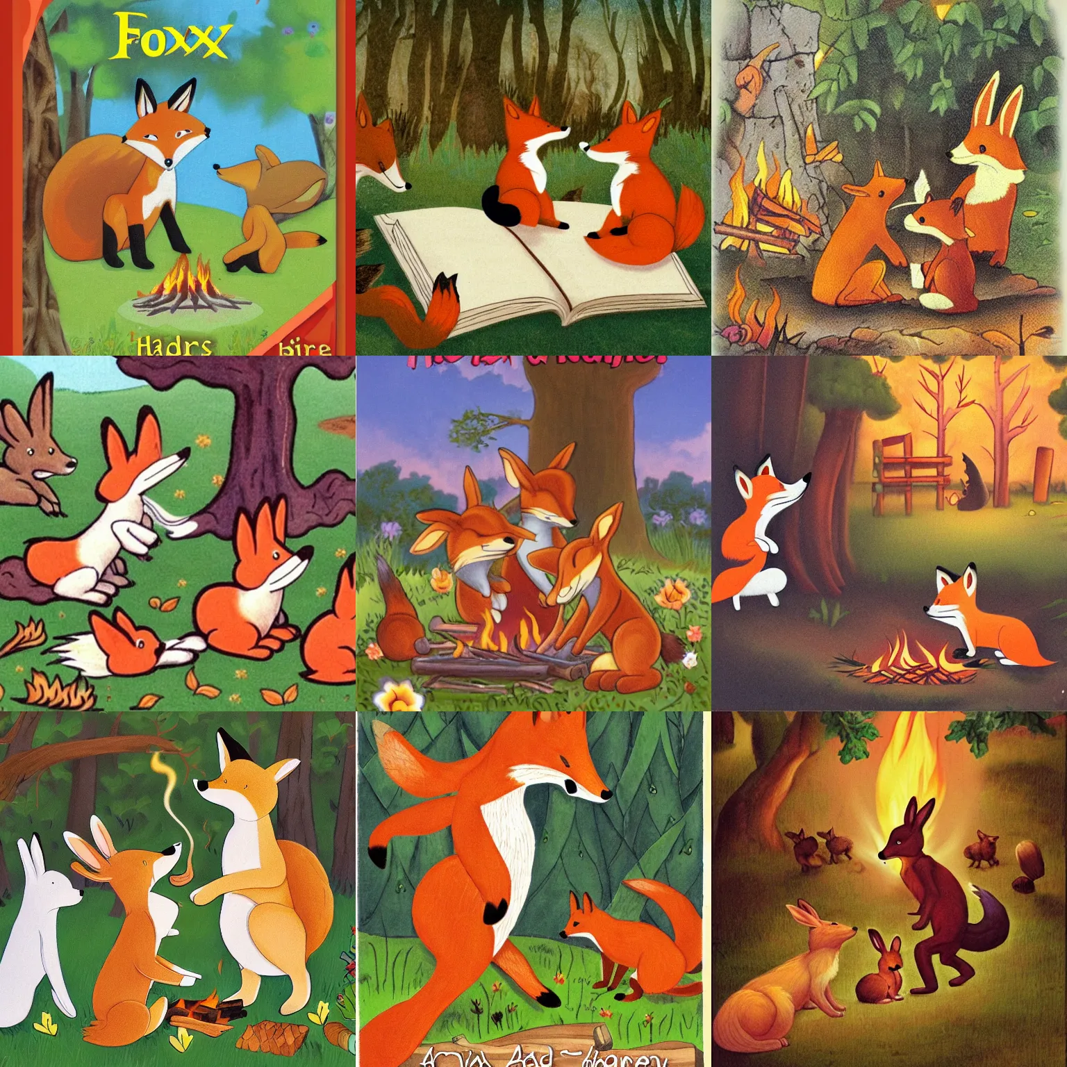 Prompt: fox and rabbits playing around a fire,children's storybook