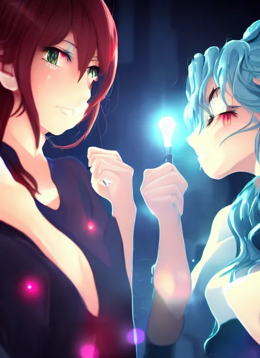 Prompt: two beautiful female rivals taunting each other, casual clothes, gorgeous faces, smooth, cinematic lighting, detailed anime art