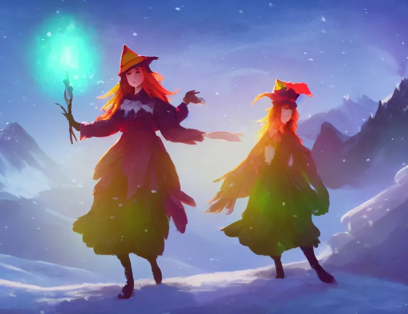 Image similar to bird witch girl in the flowering snowy mountains. complementary colors, indie concept art, luminescent, bloom, 4 k, chiaroscuro, backlighting.