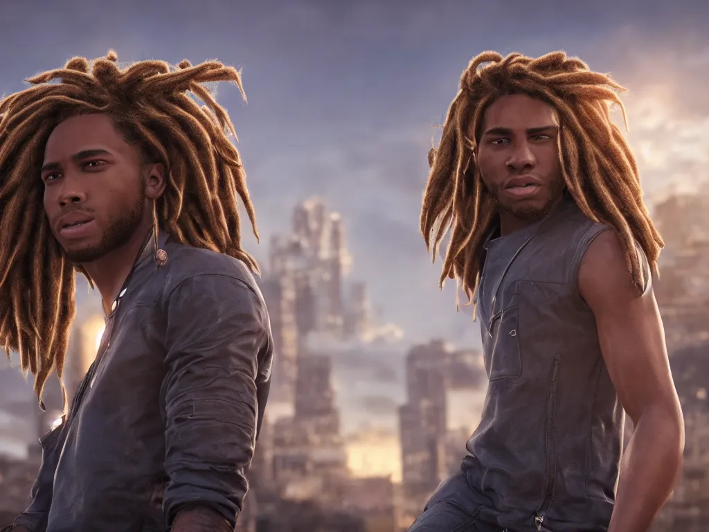 Prompt: portrait, a handsome african american johnny storm wearing brown dreadlocks hair, photorealistic, cinematic, high detail, dramatic lighting, unreal engine, city background, 8 k