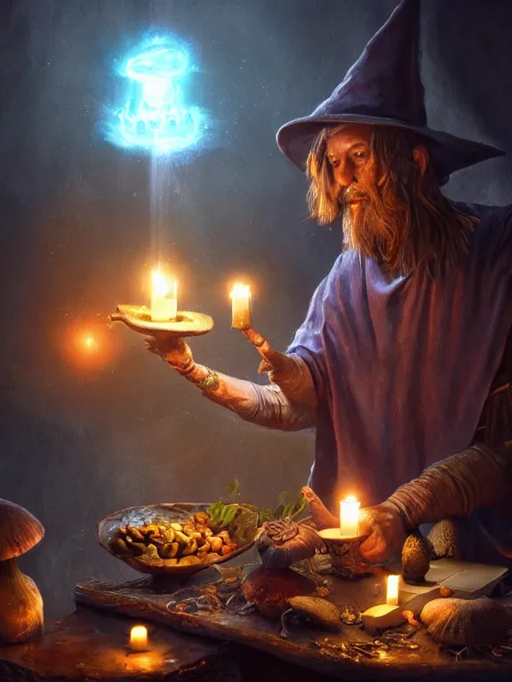 Image similar to fine painting of a wizard from an ancient culture with mushrooms growing from his body, candlelight, 8 k, ultra realistic, lens flare, atmosphere, glow, detailed, intricate, full of colour, cinematic lighting, trending on artstation, 4 k, hyperrealistic, focused, extreme details, unreal engine 5, cinematic, masterpiece