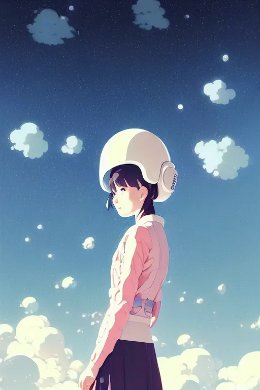 Image similar to portrait of a girl with astronaut helmets by range murata, cloudy sky background lush landscape ln illustration concept art anime key visual trending pixiv by victo ngai fanbox by greg rutkowski makoto shinkai takashi takeuchi studio ghibli