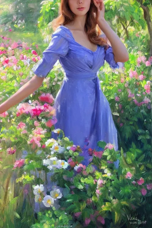 Prompt: portrait of a beautiful woman in the garden, morning, highly detailed, ultrarealistic oil painting, vladimir volegov, artstation