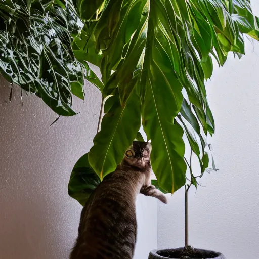 Image similar to cat hiding behind a potted philodendron plant by nxoeed