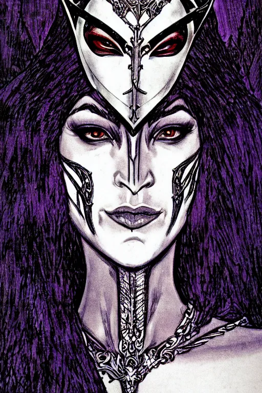 Image similar to head and shoulders portrait of an eldritch knight, drow, dark elf, shadar kai, female, breastplate, magical, high fantasy, d & d, by beardsley, face details, extremely detailed, vogue fashion photo