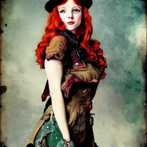 Prompt: a steampunk redhead girl, artwork by Norman Rockwell, cinematic view, high quality