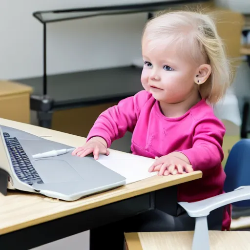 Image similar to a blonde toddler child infant baby girl working CAD computer drafting, civil engineer, sitting at a desk