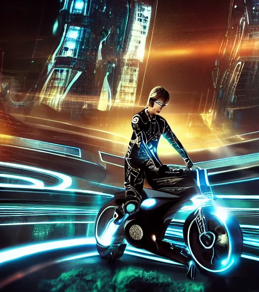 Image similar to tron legacy crowded motorcycle race to the ancient and majestic tower of babylon destroyed, hyper realistic, ambient lighting, concept art, intricate, hyper detailed, trakovsky greatest scene, smooth, dynamic volumetric lighting, octane, raytrace, cinematic, high quality, high resolution, 4 k, cgsociety, rutkowski, gurney