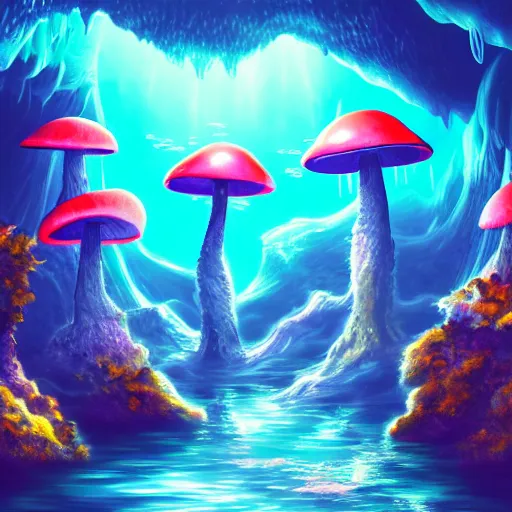 Image similar to deep sea cave, fantasy, neon mushrooms, illuminated by mushrooms, scenic underground environment, anime underwater landscape, cave, 8k, digital art, trending on art station