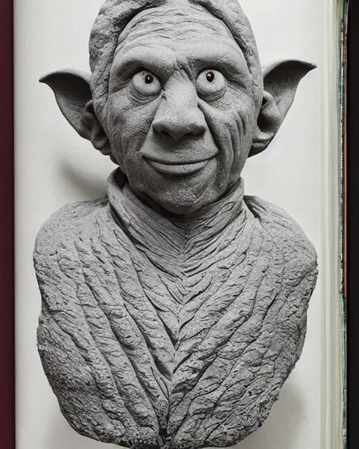 Prompt: 'a history textbook page showing a picture of a clay sculpture of a goblin', clay sculpture, photograph, zoomed out, trending on tumblr, textbook page