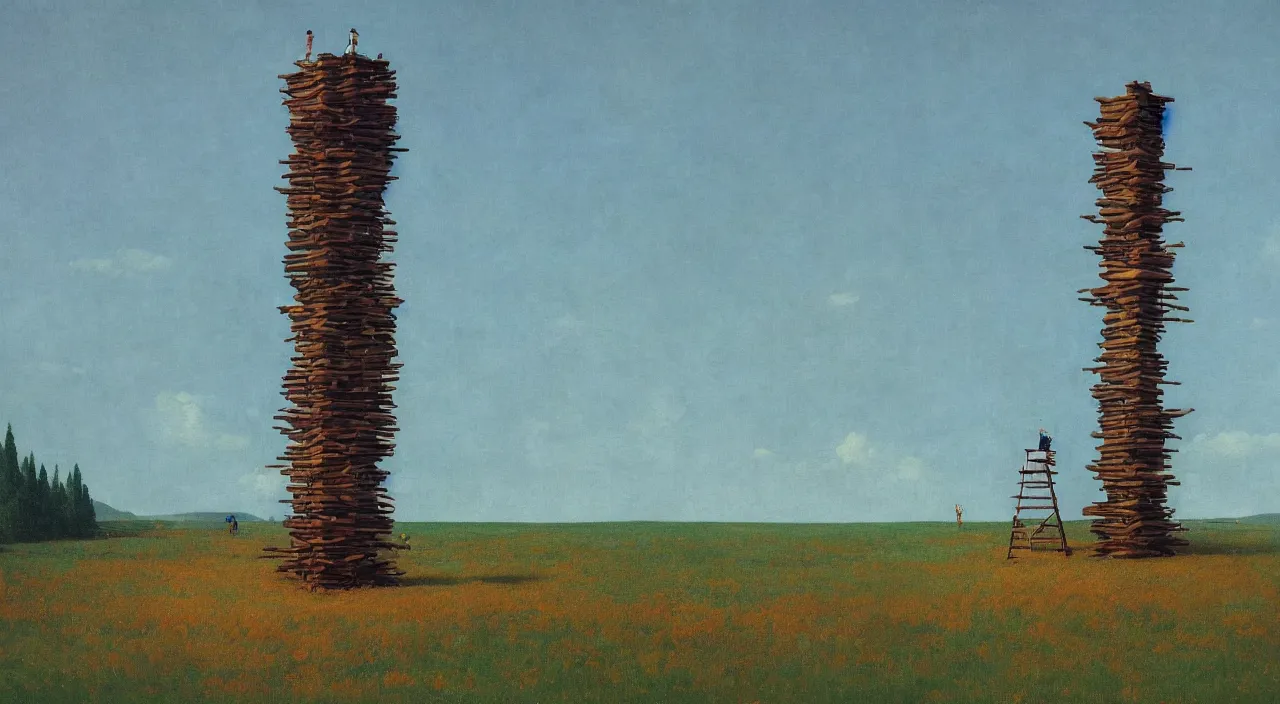 Prompt: single flooded simple wooden birch tower, very coherent and colorful high contrast!! masterpiece by rene magritte simon stalenhag carl spitzweg syd mead norman rockwell edward hopper james gilleard, minimalist, dark shadows, sunny day, hard lighting