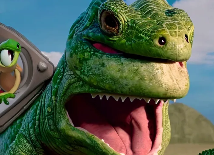 Image similar to film still of yoshi in the new sci - fi movie, cute upright dinosaur with a small turtle shell and long tongue, 8 k