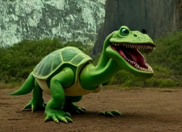 Image similar to film still of yoshi in the new sci - fi movie, upright dinosaur with a small turtle shell and long tongue, 8 k