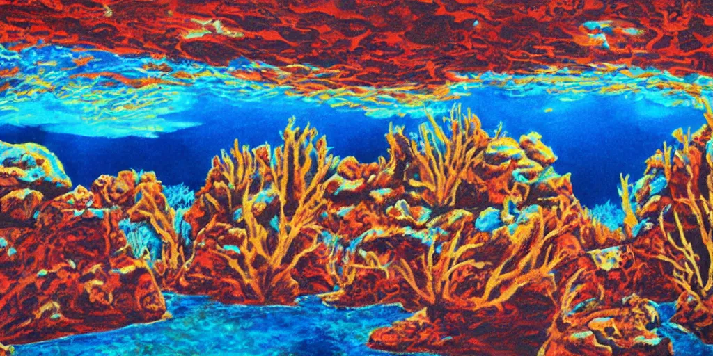 Image similar to a desert underwater super detailed acrylic painting, movie poster 7 0's