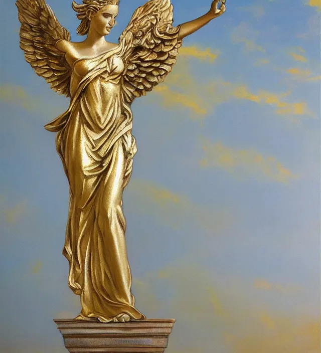 Prompt: Winged Victory classical Greek goddess winged, beautiful sky gold and silver color scheme (dreamy), oil painting award winning