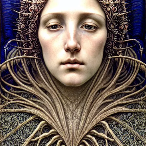 Image similar to detailed realistic beautiful young medieval queen face portrait by jean delville, gustave dore, iris van herpen and marco mazzoni, art forms of nature by ernst haeckel, art nouveau, symbolist, visionary, gothic, neo - gothic, pre - raphaelite, fractal lace, intricate alien botanicals, ai biodiversity, surreality, hyperdetailed ultrasharp octane render