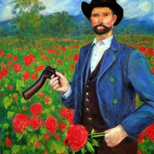 Image similar to an impressionist painting of a tall man with blue eyes and brown hair that is wearing a wide brim leather hat and a leather vest. He is holding a revolver in his left hand and a ((((red rose is in his right hand))))!!!!!!!!!!!, He is standing in a field of roses, Blue sky in the background, trending on artstation