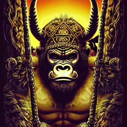 Image similar to barong family member, viking warrior, viking beard, reindeer horns, runic inscription, king kong, gorilla, wiwek, mara demon, one single tribe member, jungle, one single mask, dark, ancient warrior, tribal, inner glow, art by dan mumford and justin gerard and wayne barlowe and bob pepper