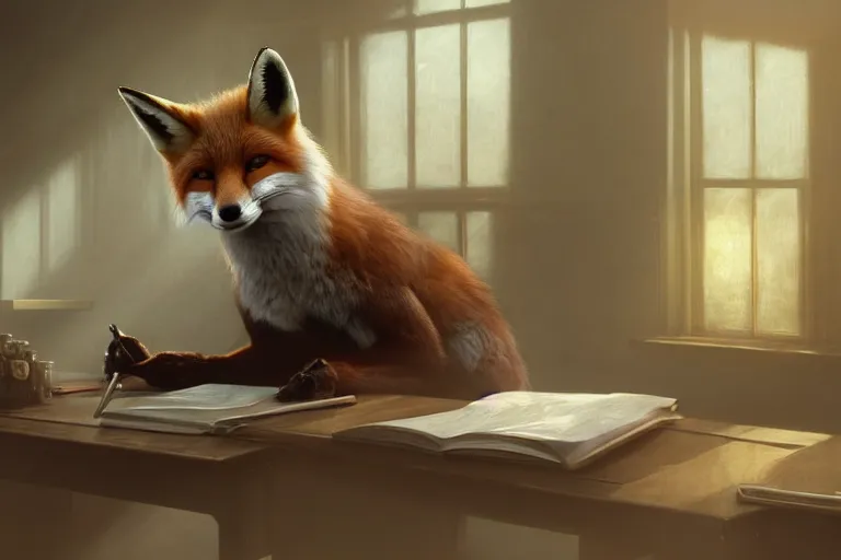 Prompt: portrait of a fox sat at a school desk doing schoolwork, trending on artstation, highly detailed, digital painting, volumetric light, concept art, middle focus, illustration, lighting by Marc Adamus, daren bader, aleksi briclot, rutkowski, bouguereau