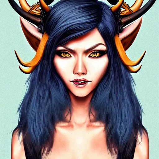 Image similar to illustrated realistic portrait of prong-horned devil woman with blue bob hairstyle and her tan colored skin and with solid black eyes wearing leather by rossdraws