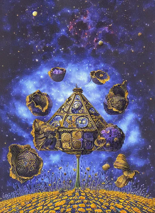 Image similar to detailed, intricate blue black and purple papaverum flower on the field, nebula, galaxy in the sky, winning award masterpiece, fantastically beautiful, illustration, aestheticly inspired, jacek yerka, upscale with anguissola sofonisba work, artstation, 8 k