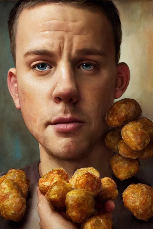 Image similar to channing tatums face as a tater tot, oil on canvas, intricate, portrait, 8 k highly professionally detailed, hdr, cgsociety